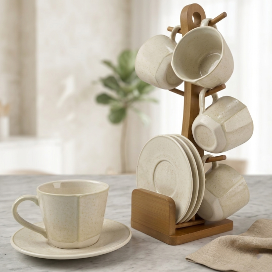 Tea Cup and Saucer Set 6 Pcs With Wooden Stand